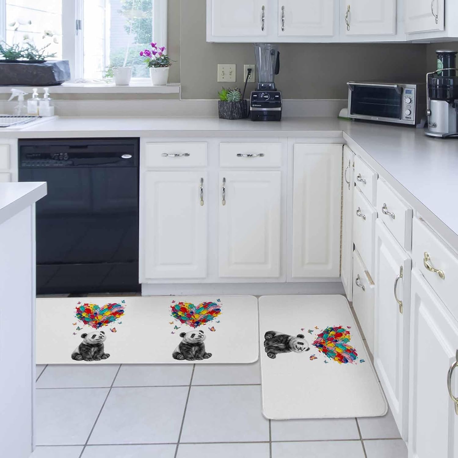 Cute Panda Kitchen Rugs and Mats Set of 2, Non-Slip Kitchen Sink Mat, Modern Abstract Oil Painting Love Heart Washable Doormat Bathroom Rugs Runner for Bedroom/Living Room 19.7"x31.5"+19.7"x63"