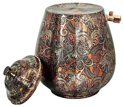 Image of Indian Art Villa Printed Design Copper Water Dispenser Pot Matka, Stoarage, Home Garden, 10 LTR, Orange