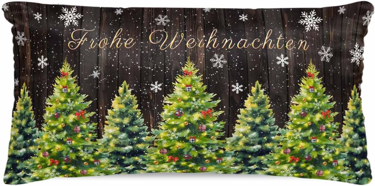 Brown Christmas Tree Pillow Cases Cal King Size Smooth Satin Pillowcase for Hair and Skin, Xmas Trees Snowflake Winter Wood Decorative Cooling Bed Pillow Covers with Zipper 20x40 Inches