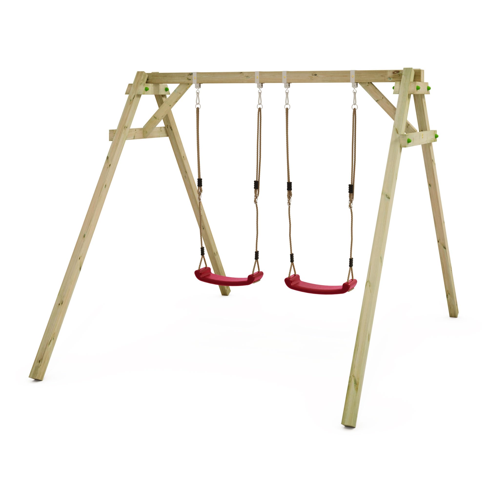 Altalena WICKEY Smart Move gioco per bambini con struttura in legno e seggiolini color rosso, altalena doppia in legno da esterno o da giardino