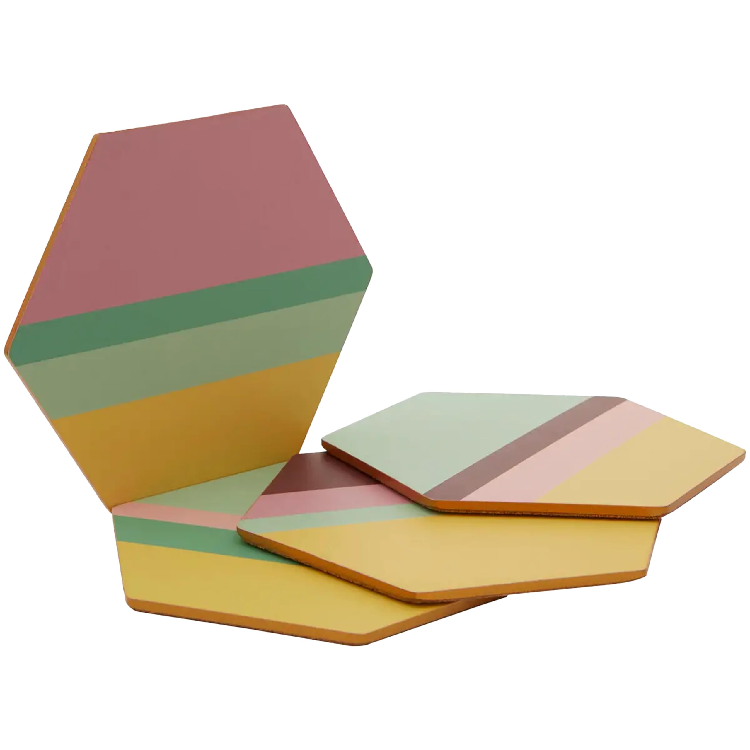 Premier Housewares Hexagonal Design Set Of 4 Miami Stripe Gold Foil Edge Coasters | Stylish Cork Coasters For Dining Table | Durable Coasters For Breakfast | Sustainable Coasters