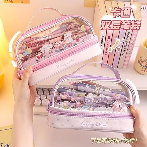 Miniatura 5 de Estuche para lápices Kawaii grande con correa de doble capa, transparente, impermeable, lindo estuche para lápices, bolsas para bolígrafos,