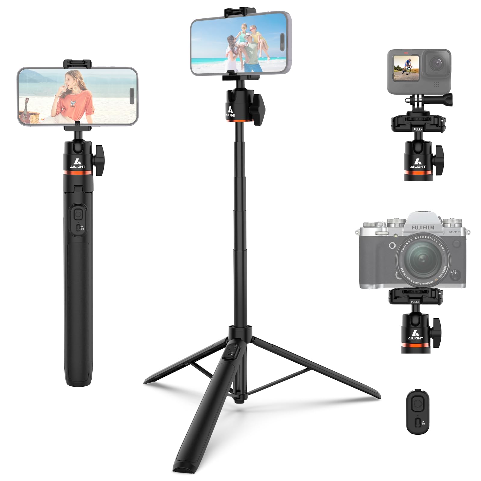 Ailight 60" Extendable Camera Tripod, Portable Selfie Stick with Wireless Remote & Phone Holder, Lightweight Travel Tripod Compatible with iPhone/Android/DSLR/Action Cameras