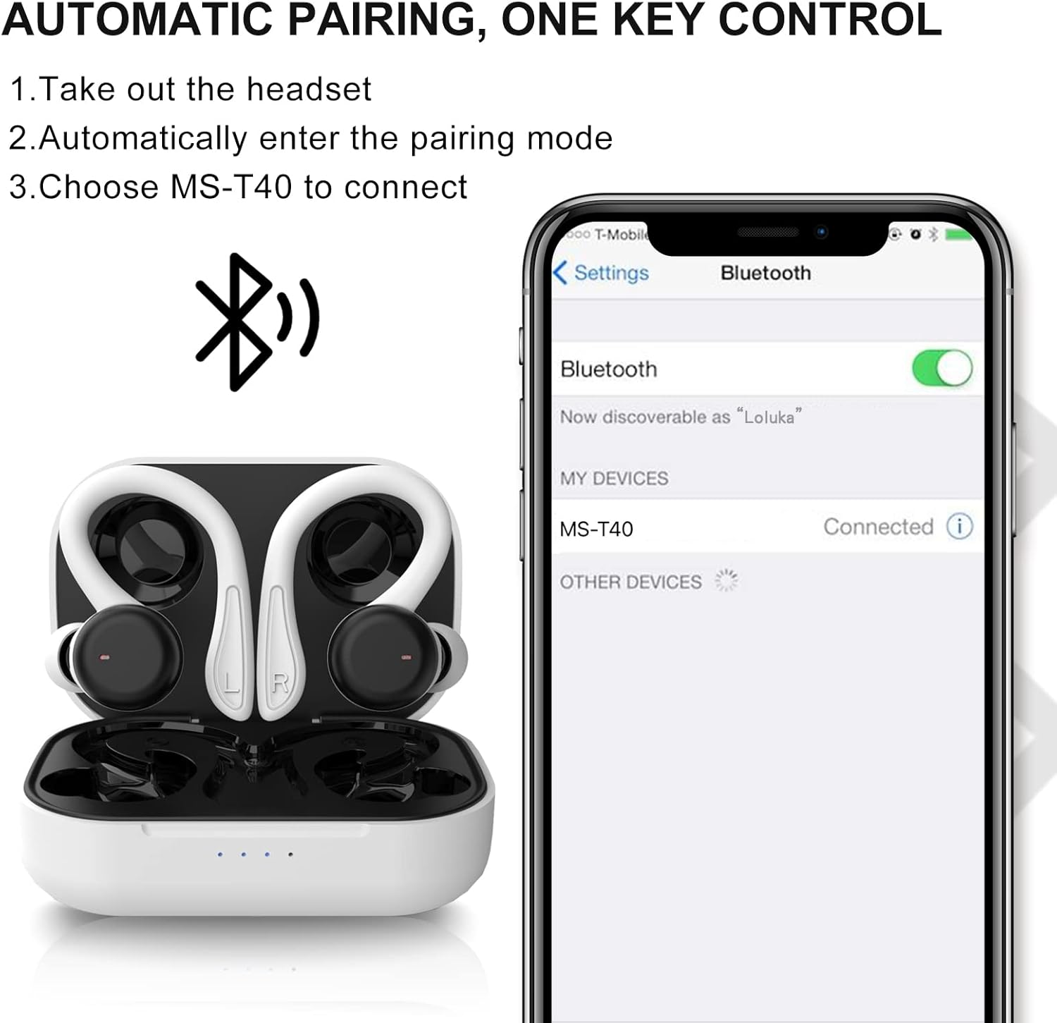 Instructions for automatic pairing of Xmenha MS-T40 earbuds with a smartphone.