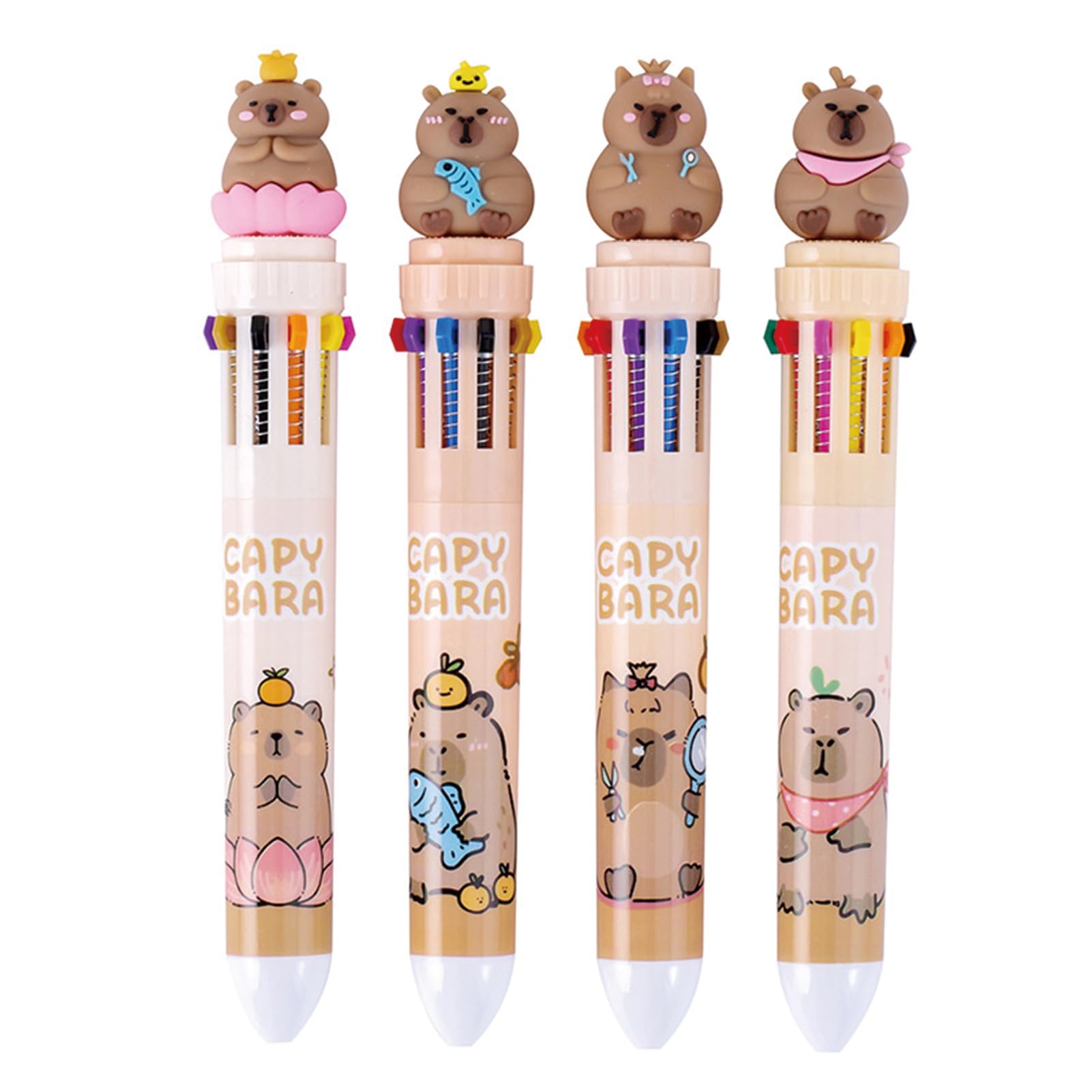 MOZXIRZ 4 Pcs Multicolor Ballpoint Pen 10-in-1 Retractable Pen Cute Capybara Pens Cartoon Capybara Gel Ink Pens for Women Men Office School Supplies (