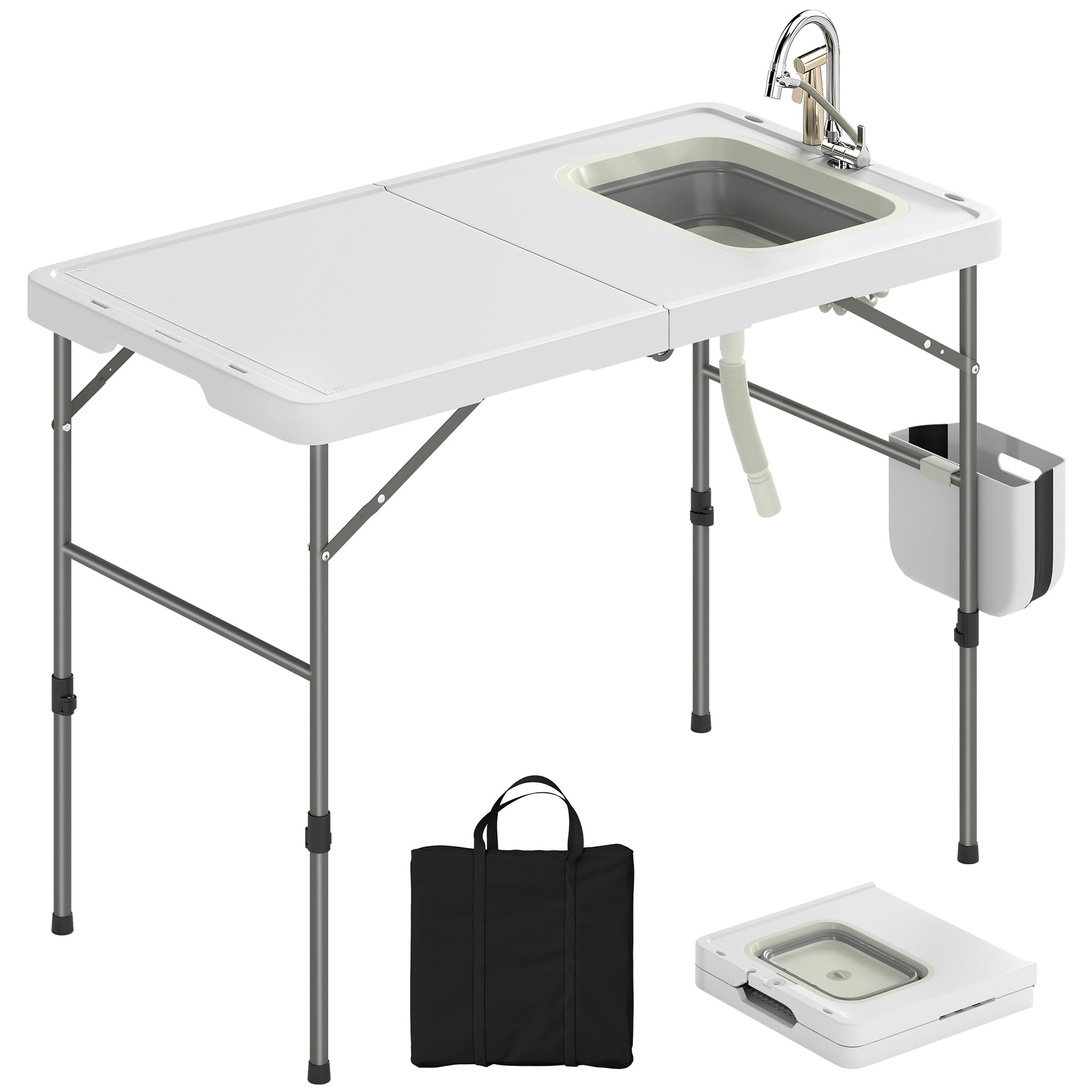 Outsunny Table de Nettoyage Portable pour Poissons, Table Pliante de Camping à Hauteur réglable, Robinet, évier et Panier Pliables, Tuyau, Sac de Transport, règle, rainures, Station de Nettoyage pour