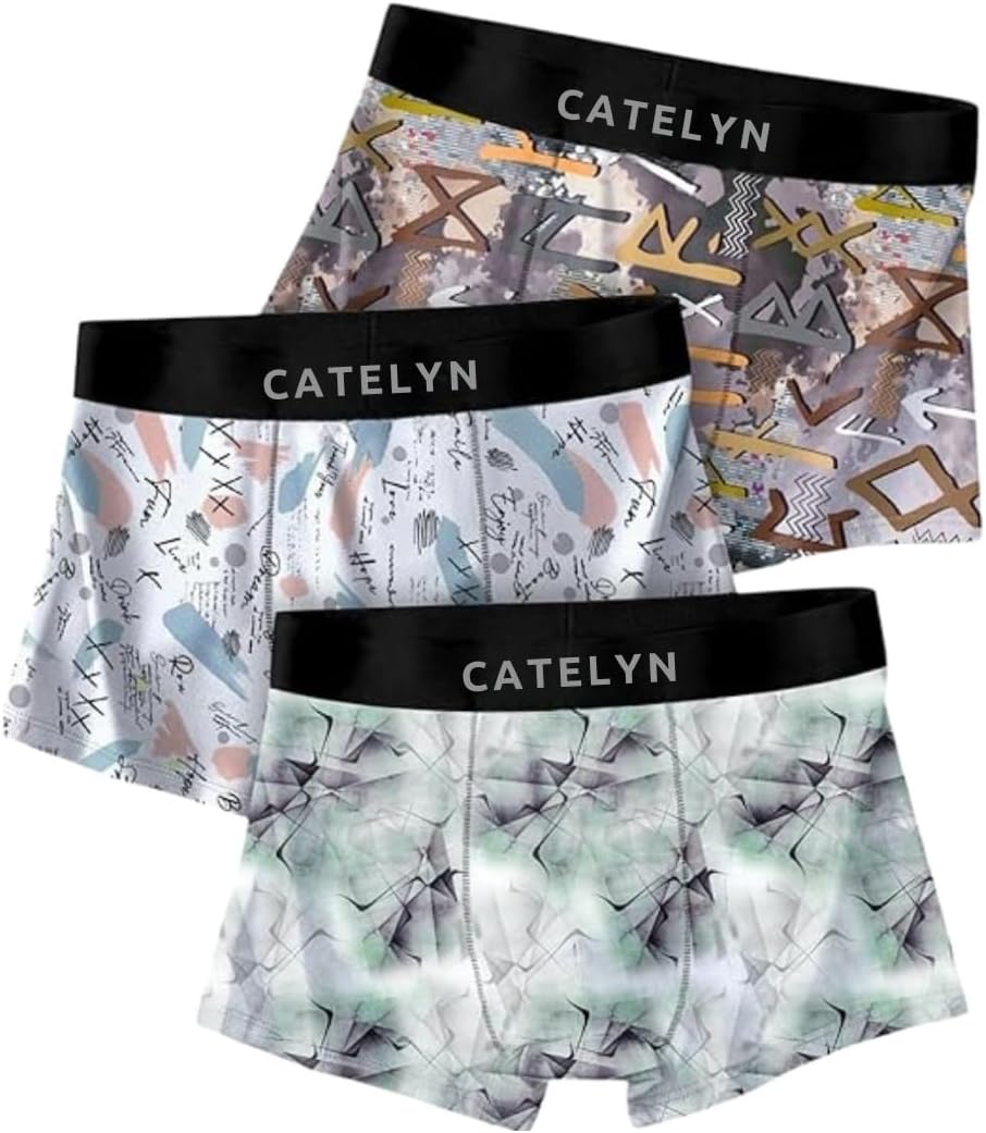Printed Men’s Extra Thin Elastic Ice Silk Underwear – Long, Comfortable, Breathable Boxer Brief Trunks, Smooth Fabric (Pack of 3)