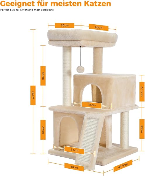 PETEPELA Cat Tree 90cm Cat Tower with Double Condos, Removable Spacious Perch, Fully Wrapped Scratching Posts for Indoor Cats, Replaceable Dangling Balls, 35 Inches Beige - 5