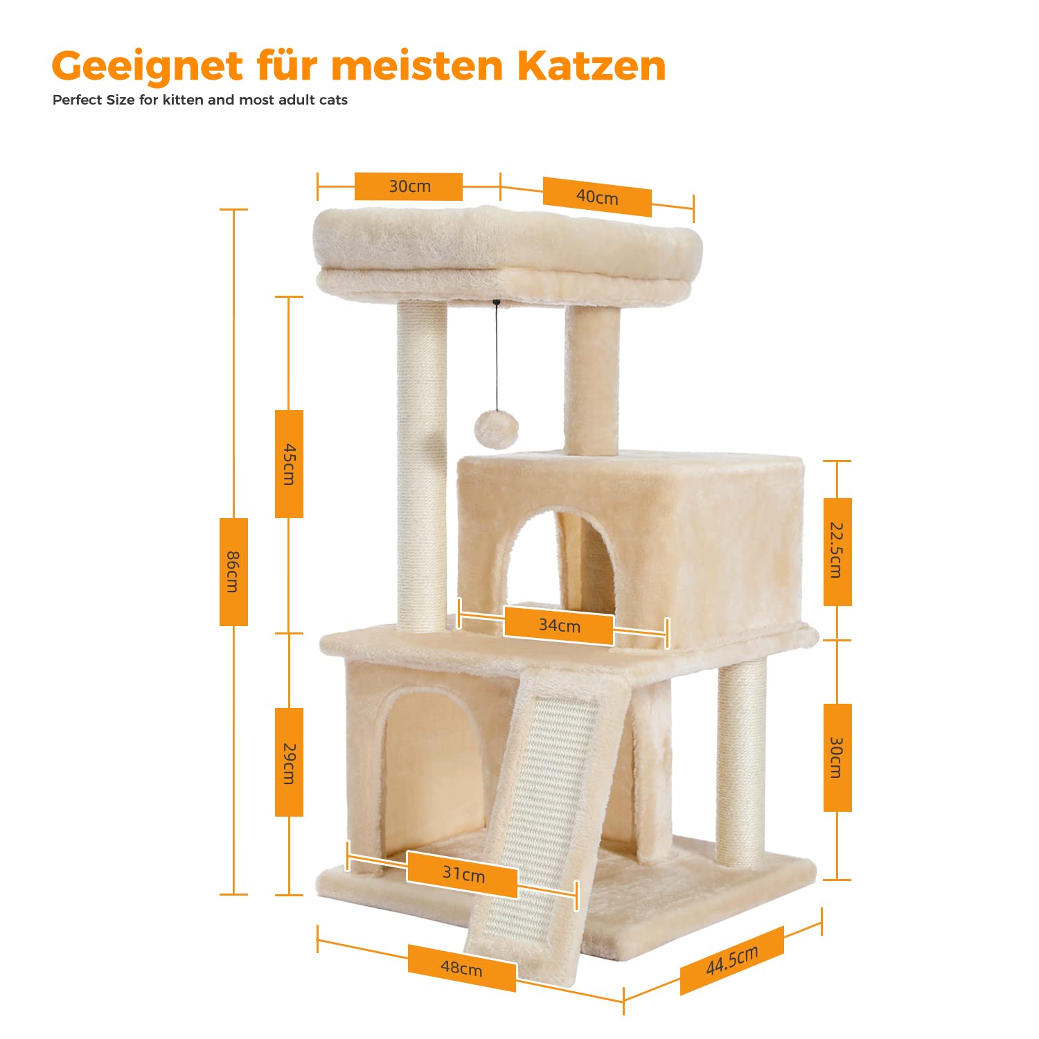 PETEPELA Katzenbaum Kratzbaum Kratzbäume Katzenmöbel mit Sisal-Seil Plüsch Liege höhlen Spielhaus Spielzeug für Katzen Beige