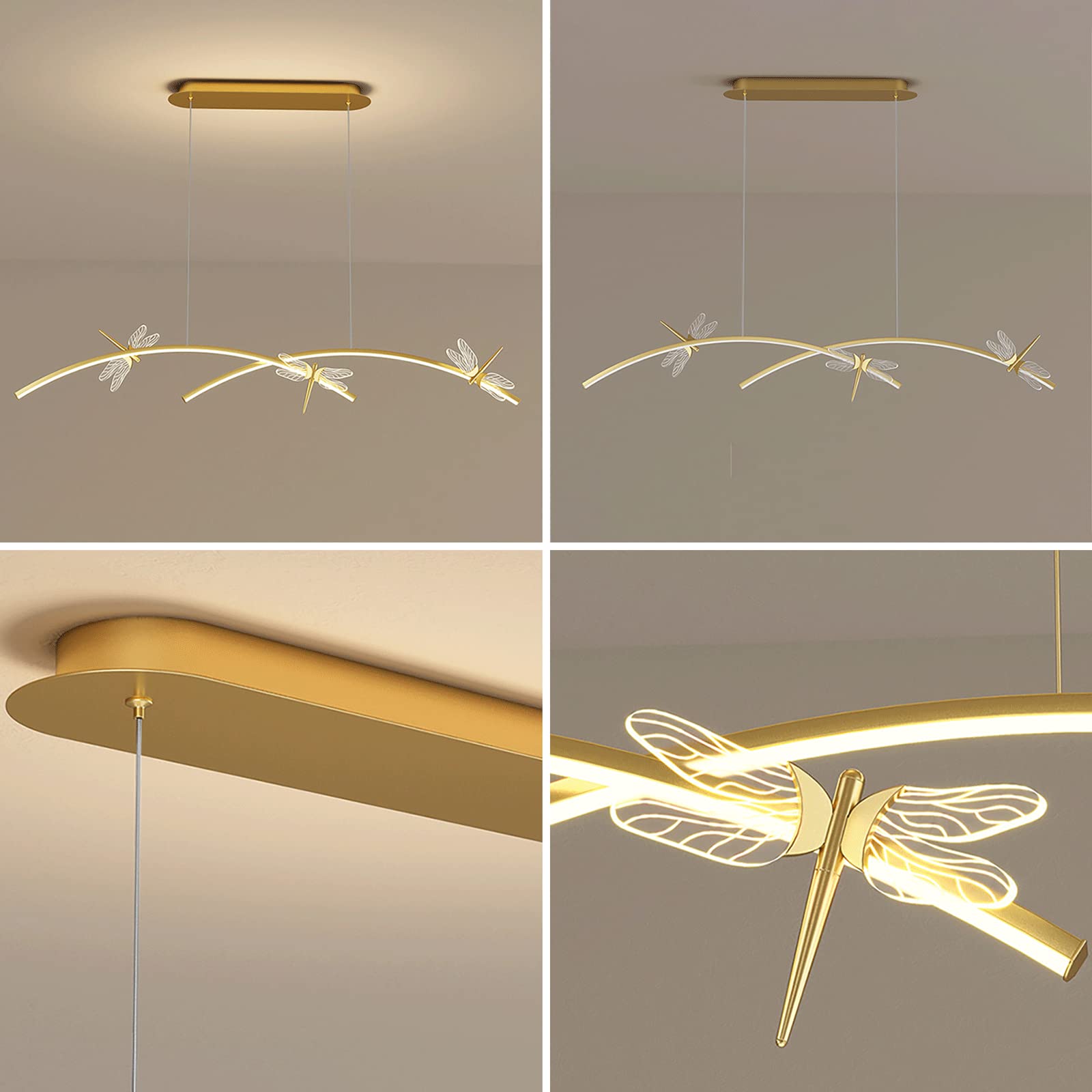 Żelazna długa lampa wisząca, metalowa liniowa lampa wisząca z dekoracyjnymi oprawami oświetleniowymi w kształcie ważki, nowoczesne lampy wiszące LED do jadalni, minimalistyczne żyr