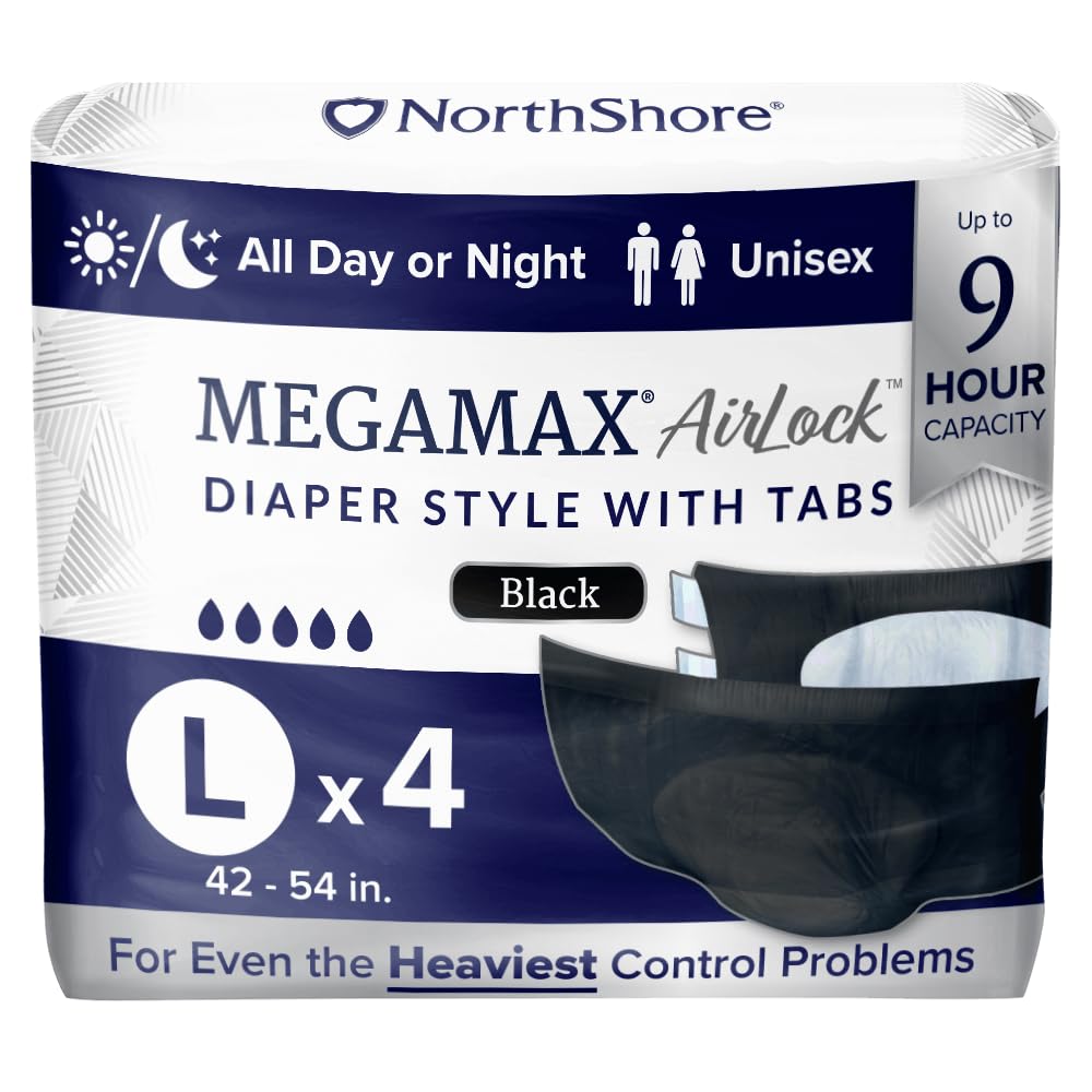 NorthShore MegaMax AirLock Breathable 9-Hour Heavy-Duty Tab-Style Adult Diapers, Large, Starter Pack of 4, Black, 42-54 inches, Unisex Incontinence Underwear