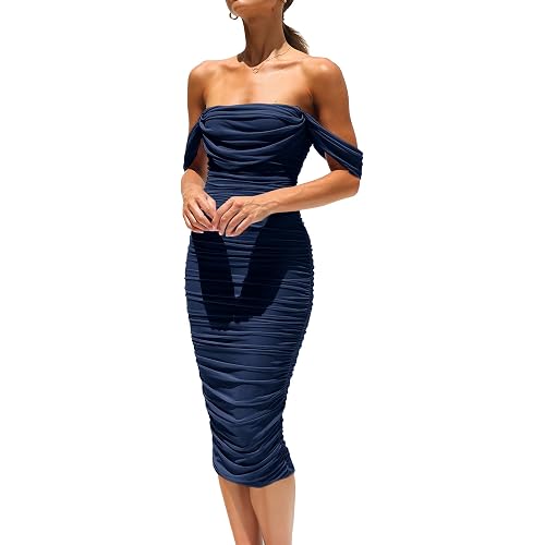 PRETTYGARDEN Women's Summer Off The Shoulder Ruched Bodycon Dresses Sleeveless Fitted Party Club Midi Dress