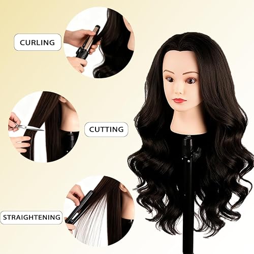 Miniatura 4 de Cabeza de maniquí con pelo humano de 24 pulgadas, 100% cabello real, para peinado y entrenamiento, maniquí para cosmetología, cabeza de muñeca para