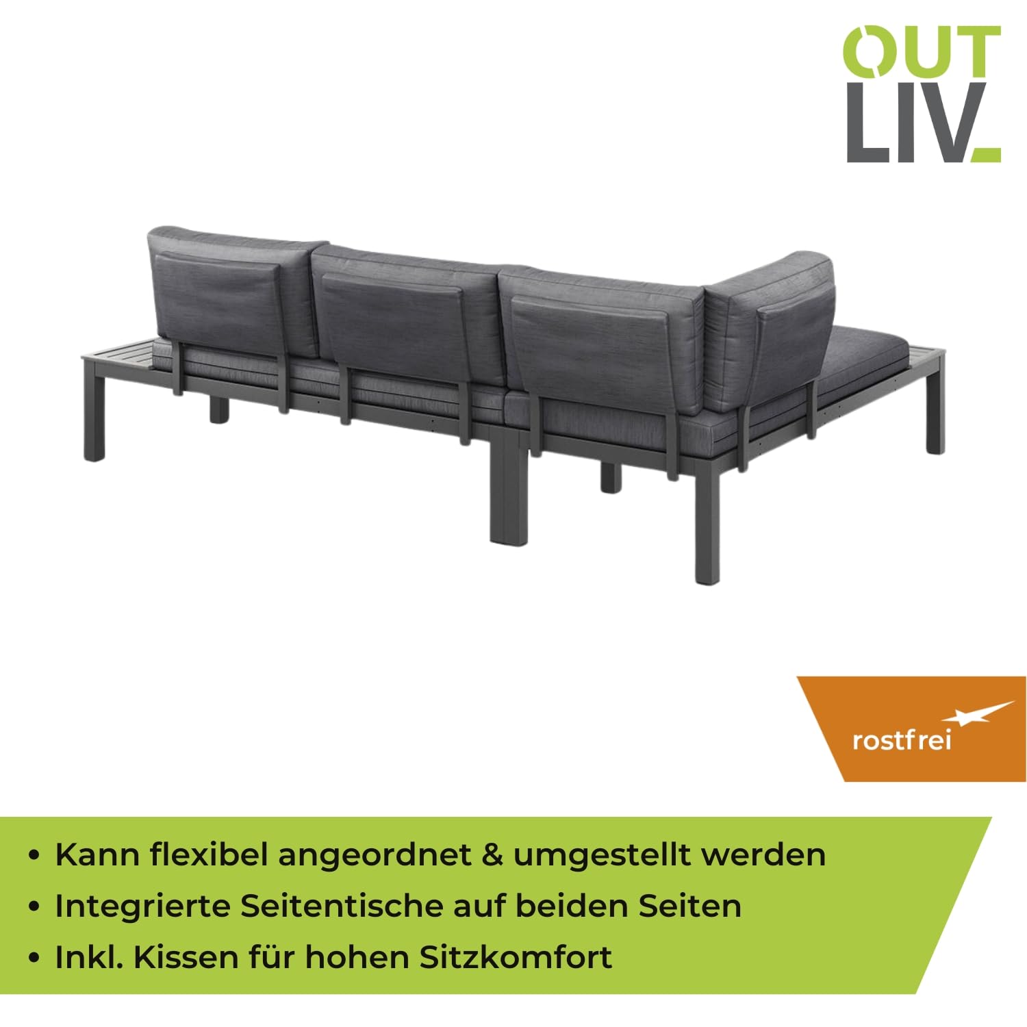 OUTLIV. Gartenlounge Morsum Gartenmöbel-Set, 164x238x69cm, mit Kissen, Grau | Aluminium und Polyester; mit Kissen; 164x238x69cm; Grau; komfortabel, pflegeleicht; für Garten und Terrasse