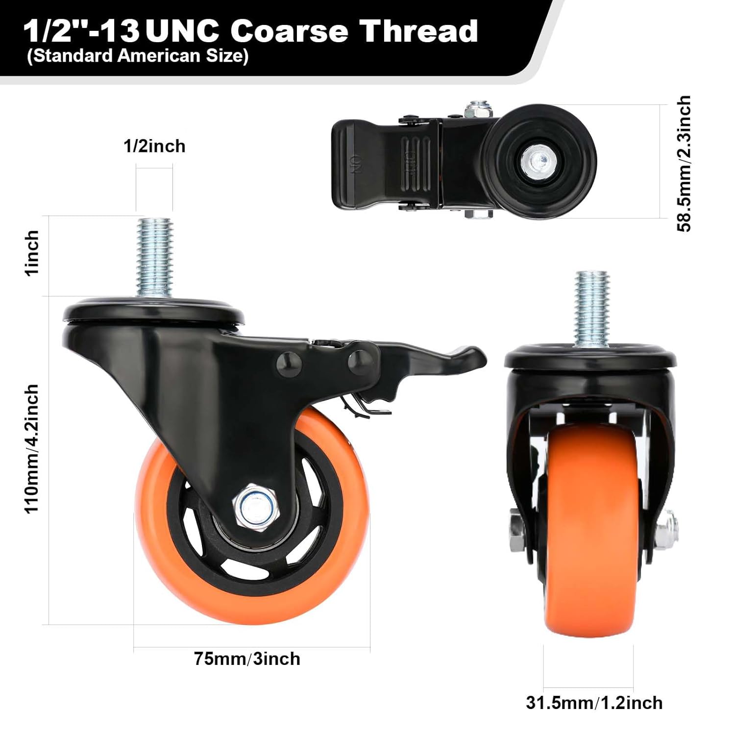 Heavy Duty Swivel Wheels 3 Inch PVC Casters with Stem 1/2"-13 x 1 Dual Locking Industrial Caster Safety Wheels Load Bearing 1000 Lbs Castors Set of 4 for Cart, Furniture