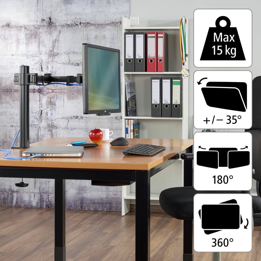 Hama Uchwyt do monitora o przekątnej 33 do 89 cm (13"-35", do biurka, 1 ramię, maks. udźwig 15 kg, obrót 180°) czarny