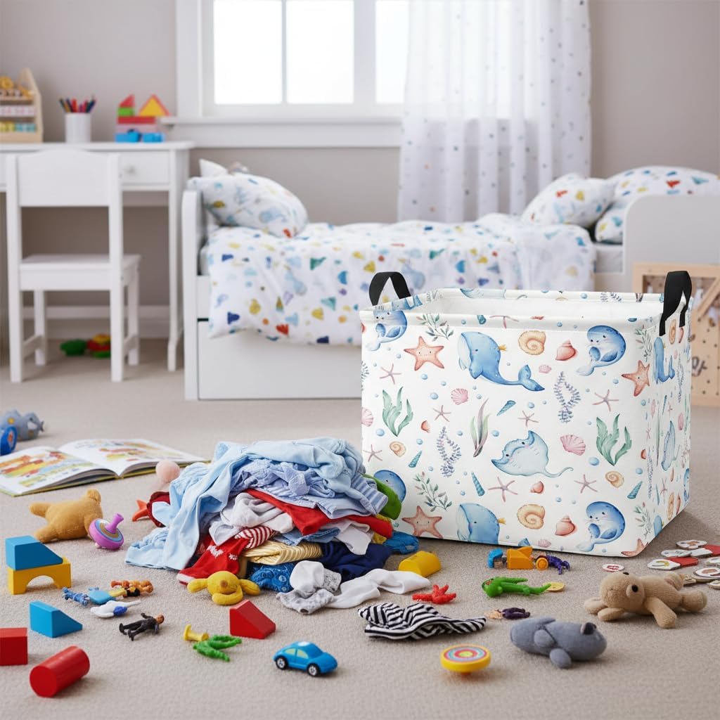Rectangular Storage Basket Waterproof Collapsible Laundry Hamper for Bedroom Books Box Room Decor Blue Ocean thumbnail
