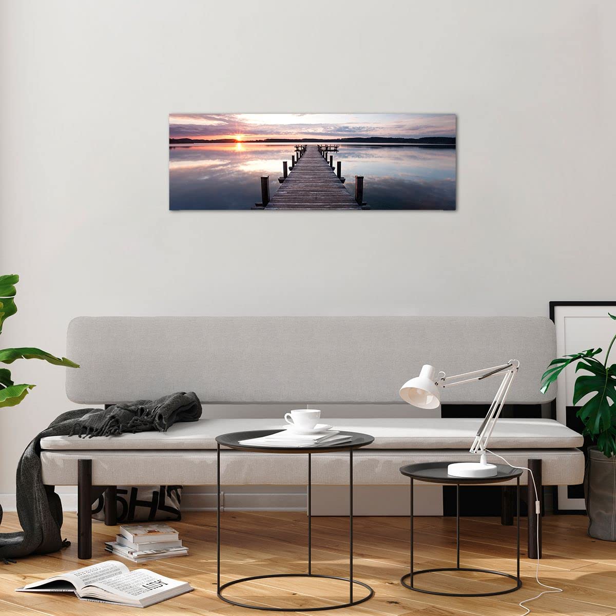 Tableau Verre Panoramique Lac & Pont Oiseaux – Moderne 90x30 Cm, Impression HD Sous Vide, Prêt à Accrocher