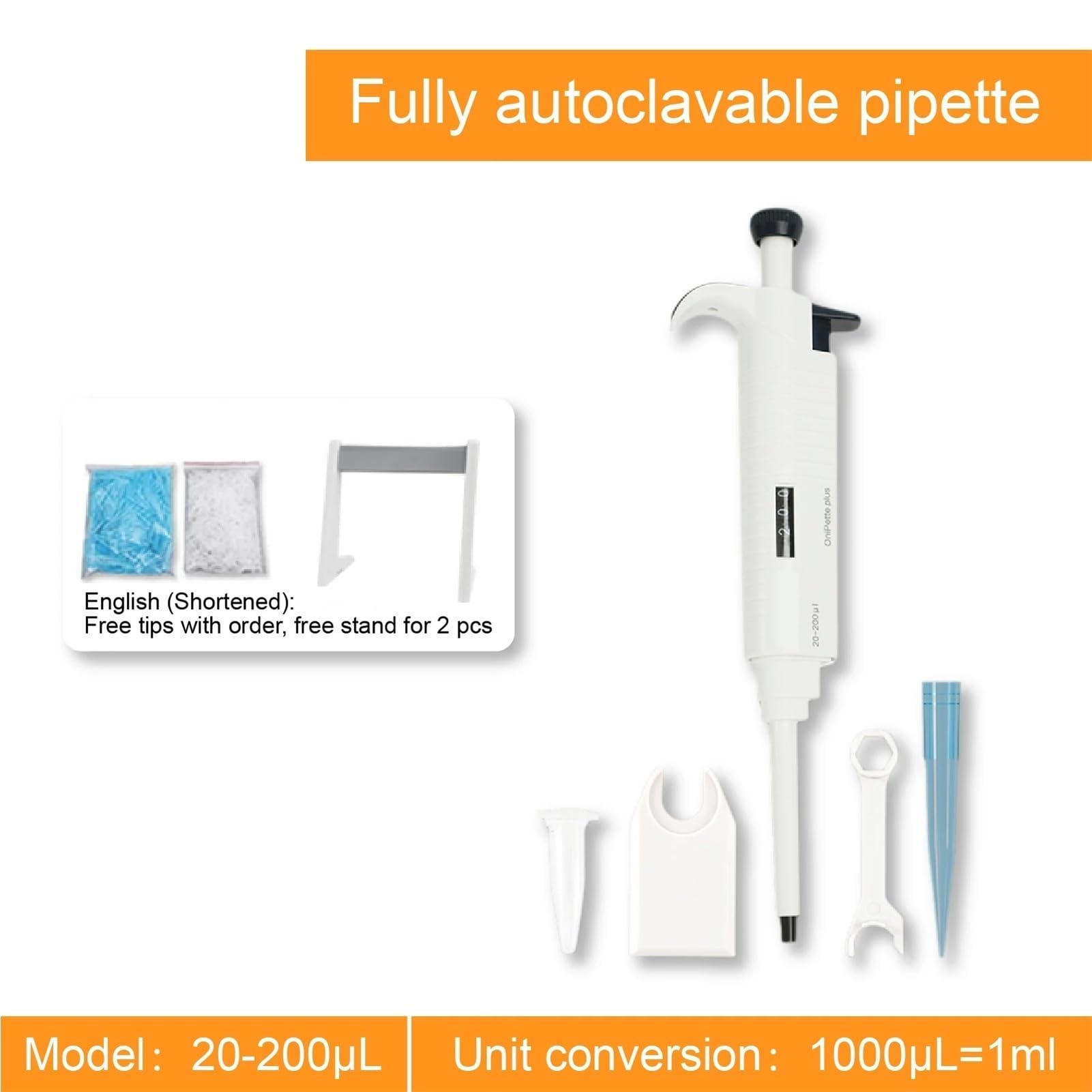 pipeta de laboratorio Pipeta de volumen variable de laboratorio de 0,5 ul a 10 ml, micropipeta de canal 1/8, dispensador manual(20-200uL-Plus)