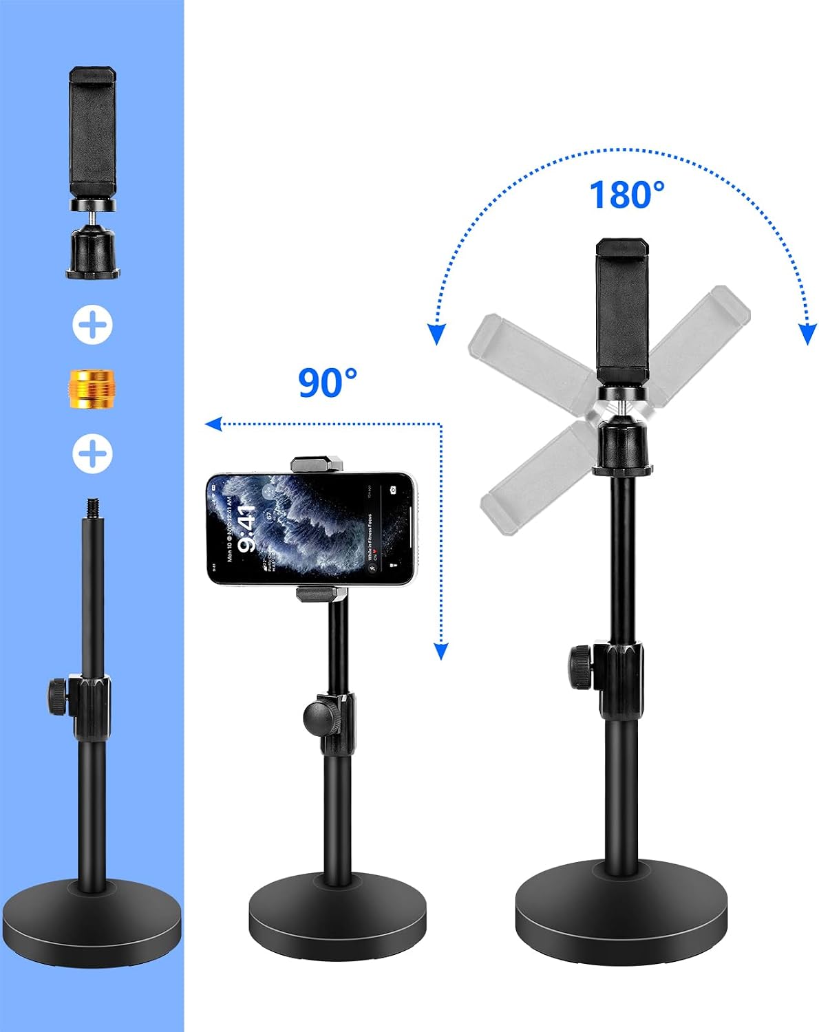 BILIONE Mic Stand Desk with Microphone and Cell Phone Clip, Upgraded Weighted Base, Adjustable Height, Condenser, Podcast, Mike Accessories, 5/8" Male to 3/8" Female Metal Adapter