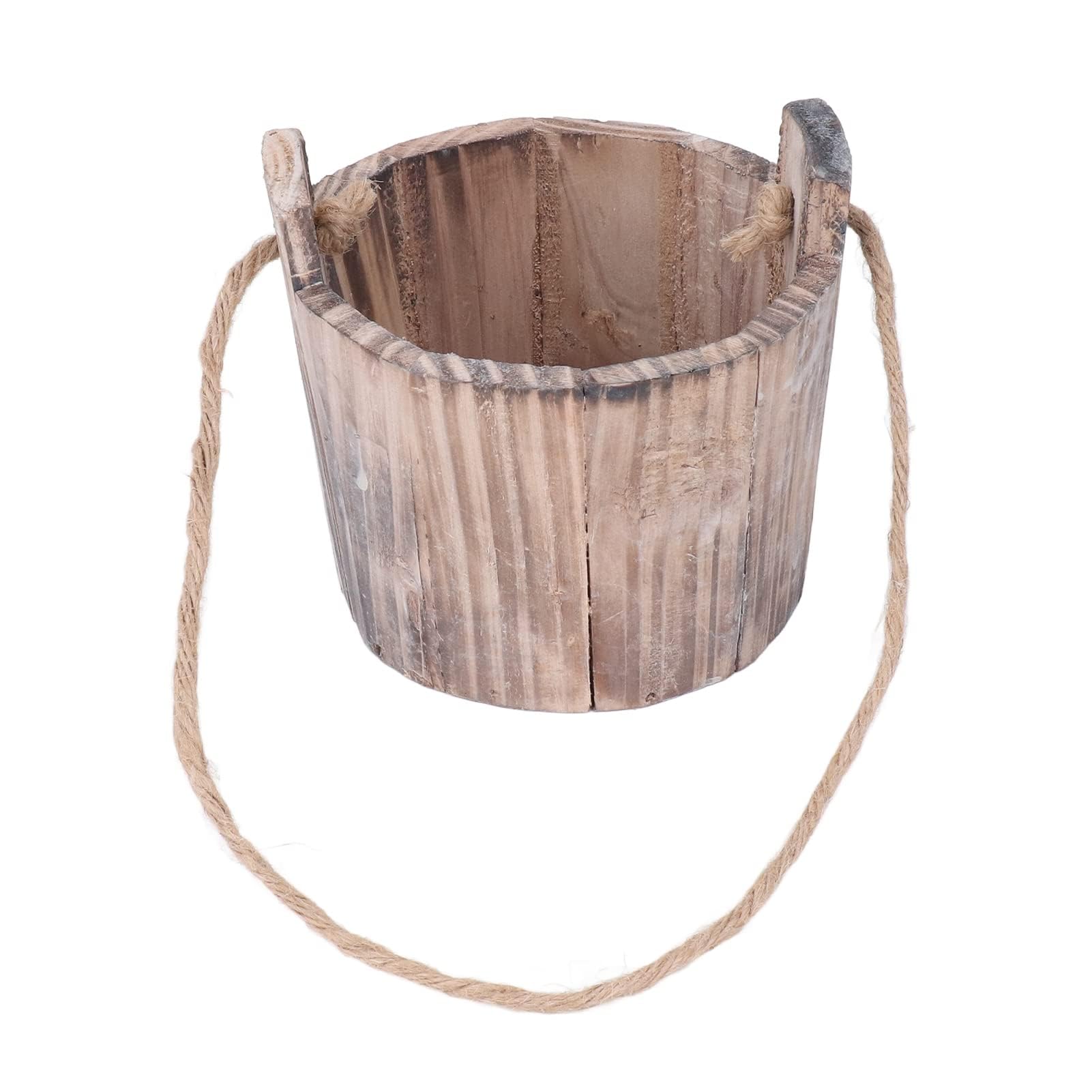 ZenithAur Rustic Wooden Barrel Planter, Decorative Vintage Style Flower Pot with Twine Drainage Hole for Home and Garden