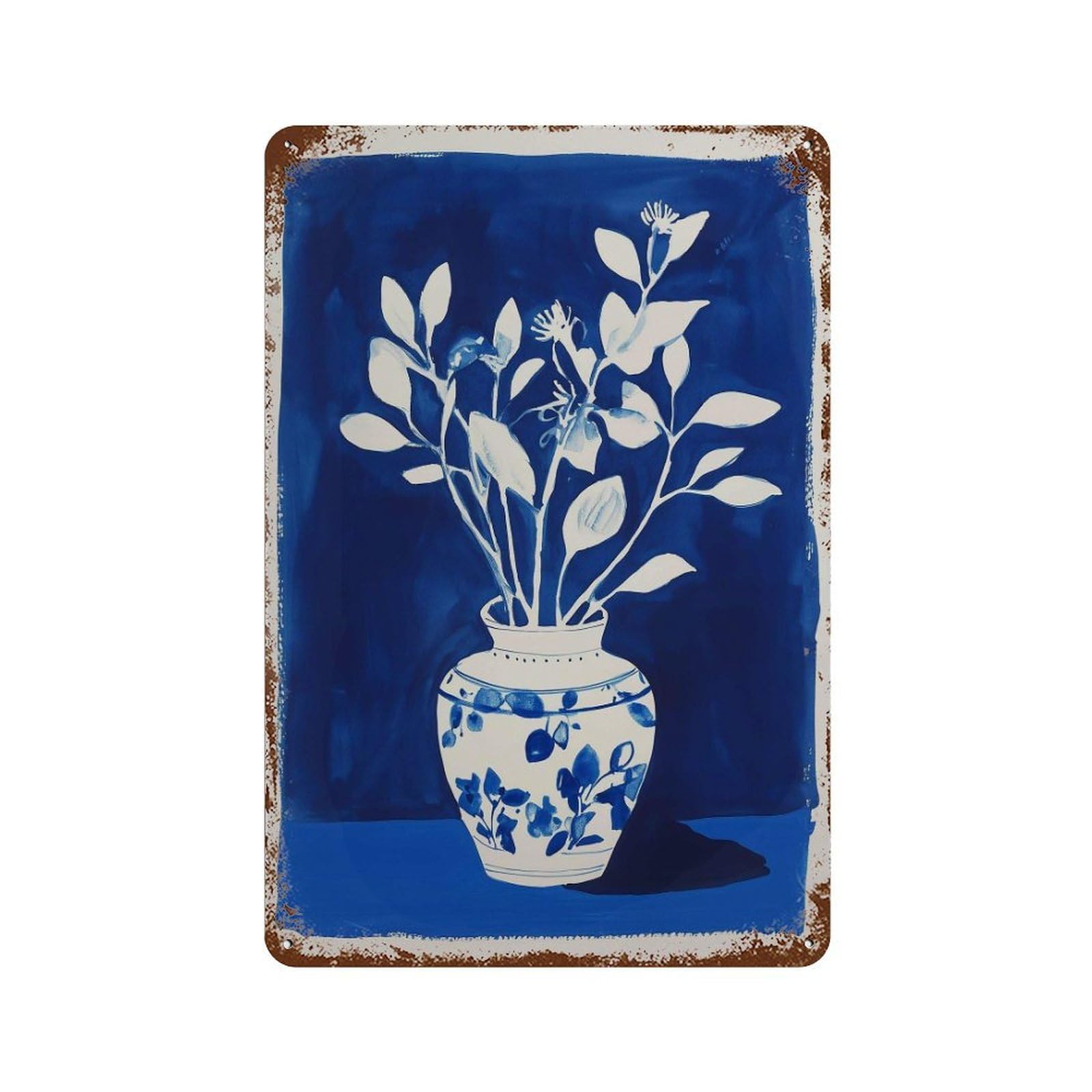 xiaoxiaoshen Blue Vase Botanical Minimal Flower Modern Indigo Wall Decor Art Metal Tin Poster Modern Home Decor Art Home Bar Shop Decorations Vintage Sign 30x20cm
