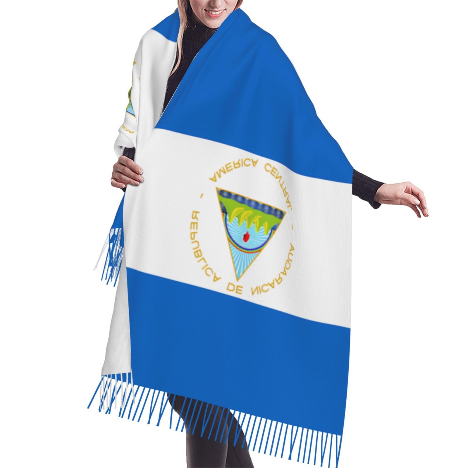Yuangjhop Women's Black Flag Of Nicaragua Printingscarf Classic Soft Cashmerette Fringed Scarf Long Shawl For
