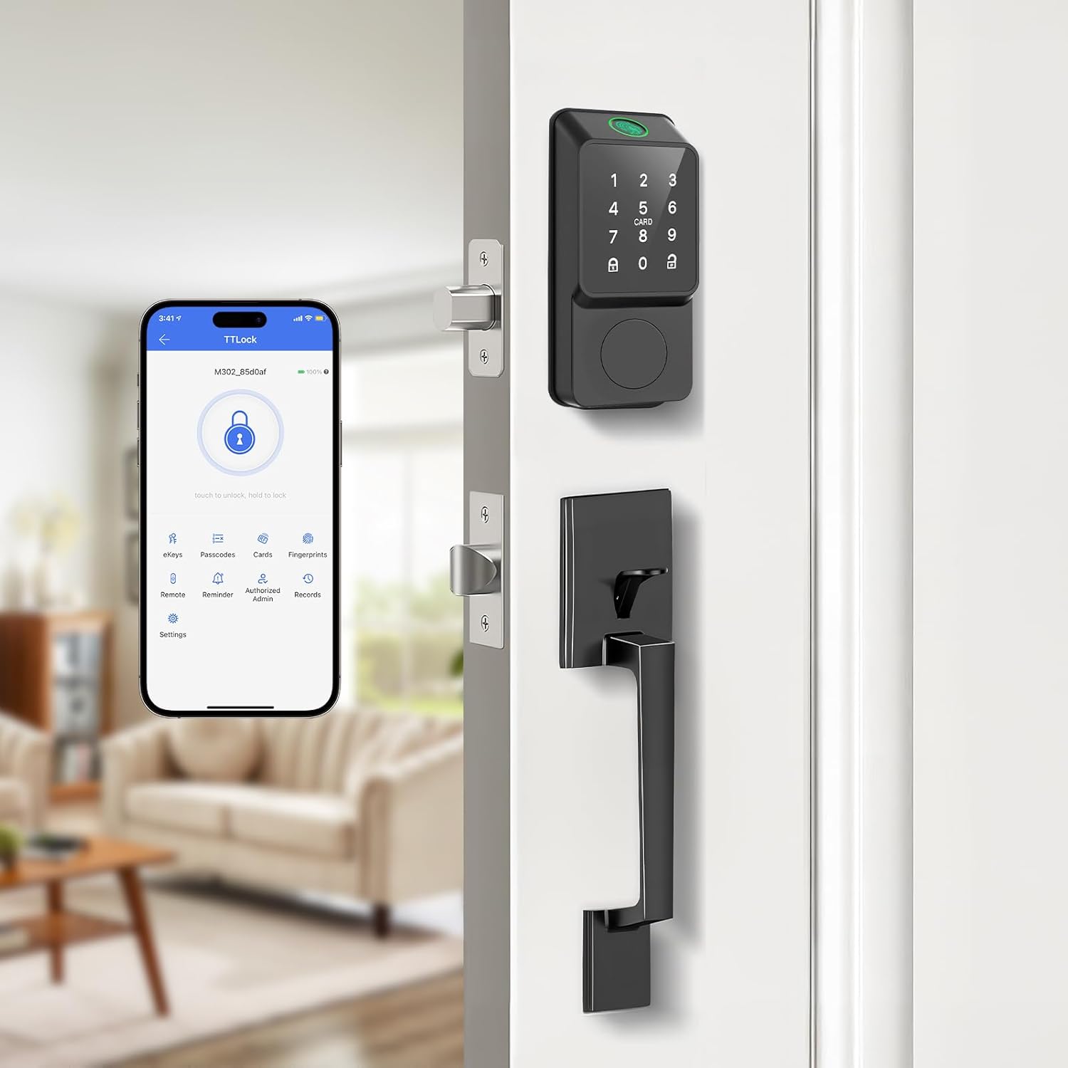 Smart Door Lock Keyless Entry with Handles TTLock APP Fingerprint Touchscreen Keypad IC Card Key Type-C Charging Unlocking 6 in 1 Electric Biometric Digital Deadbolt for Front Doors Apartment