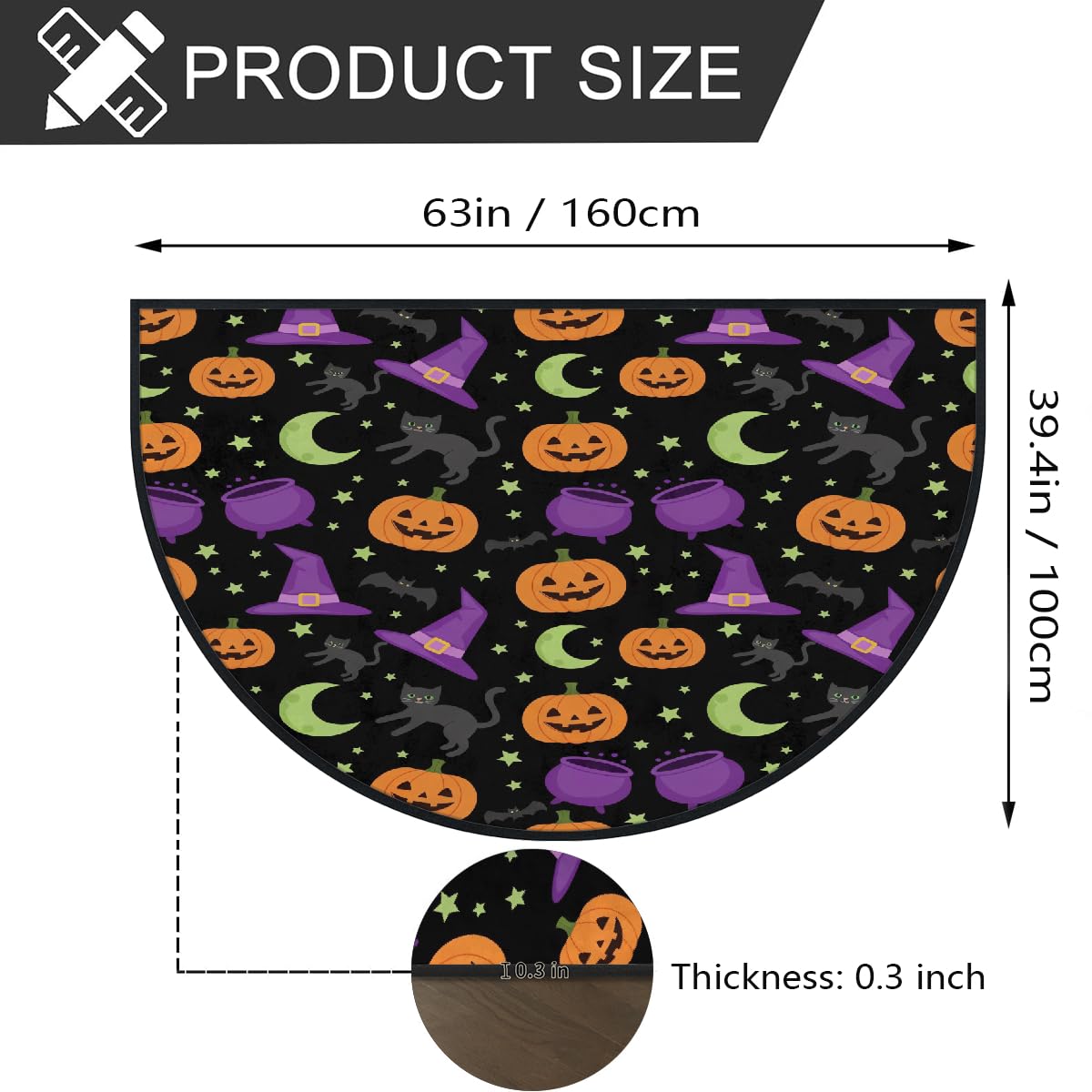 Große halbrunde Fußmatte – Kürbis Hexenhut Halloween saugfähig rutschfest halbrund Eingangsbereich Teppich – niedlicher, weicher, halbrund waschbarer Teppich für Küche, Badezimmer