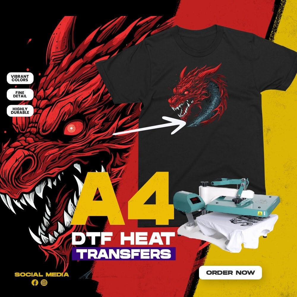 Custom A4 Heat Transfer Stickers - Pack of 50 - (A4) 29.7 x 42cm - Personalised DTF Transfers - Iron on Transfers for T-Shirts - Custom Design Gang Sheet Transfers