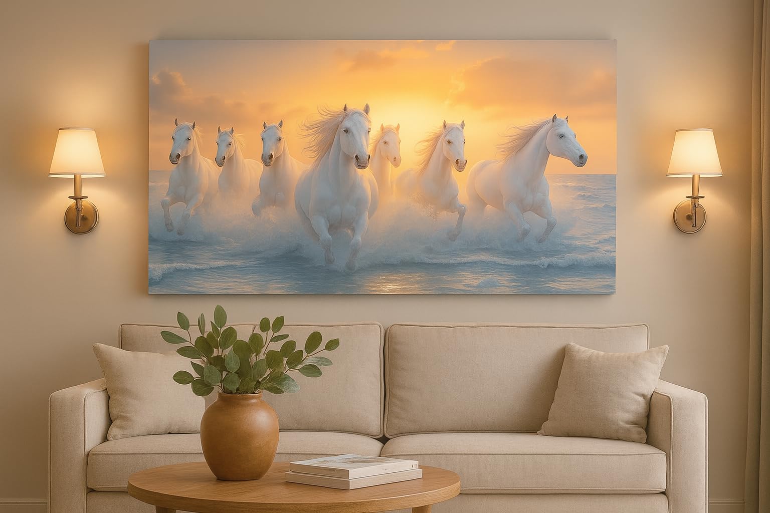 7 Horse Vastu Sunrise Canvas Painting | Positive Energy Wall Decor | Big Size Premium Running Horses Artwork for Home, Office & Hall Decoration (Modern, Water Pink Horse, 26x18 Inch)-image-15