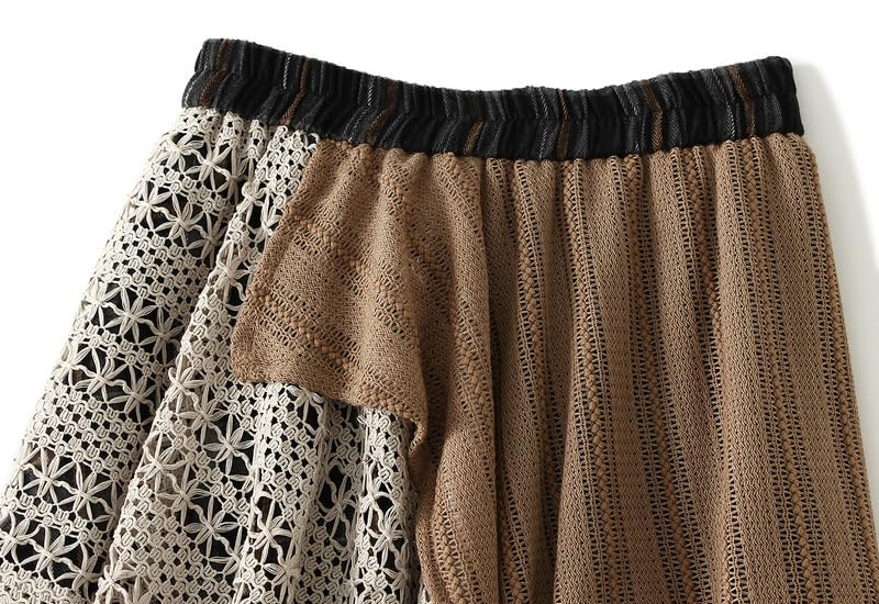 Women Pleated Midi Skirt Lace Color Block Gingham A-Line Flare Long Maxi Skirt2