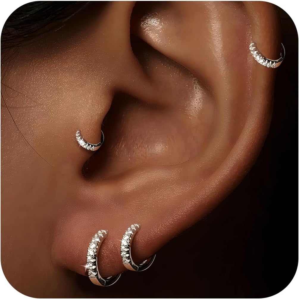 Tragus Earrings for Women, Hypoallergenic S925 Sterling Silver Small Hoop Earrings for Women Trendy,Cute Gold Tiny Cartilage Cubic Zirconia Earrings Sets for Multiple Piercing jewelry Gifts