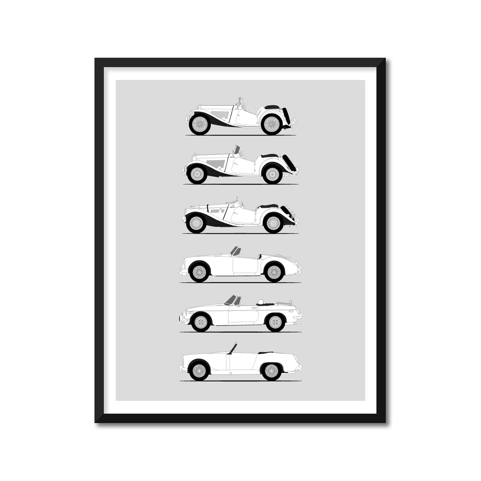 MG Sports Cars Inspired Poster Print Wall Art Handmade Decor of the Best of MG TC TD TF MGA MGB Midget History Evolution (8x10" Print (Unframed), Metallic Paper)