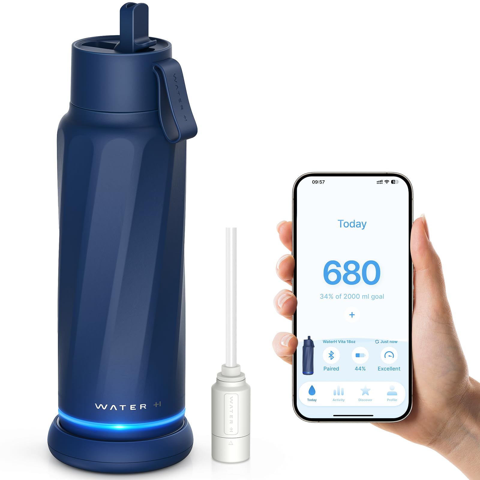 WATERH Vita Smart Water Bottle with Reminder to Drink Water, BPA-Free Vacuum Insulated Water Bottles with Filter & Straw, Bluetooth Intake Water Tracking Bottle, Ideal for Gift (18 oz)