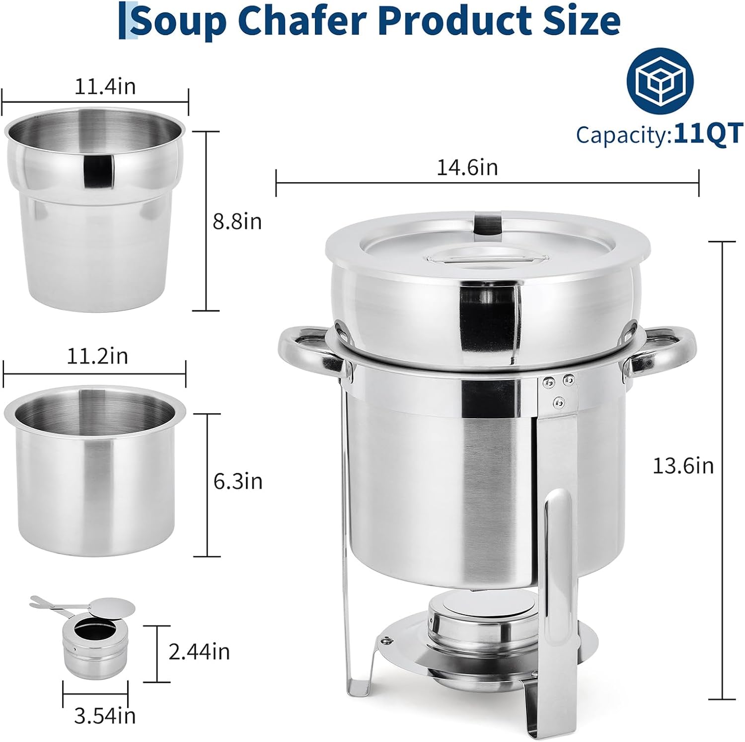 Commercial Soup Chafer 11QT Large Capacity Soup Chafer Sets of 4, Stainless Steel Round Soup Warmer w/Pot, Notched Lid & Fuel Holder, Catering Marmite for Party, Buffet, Food Service