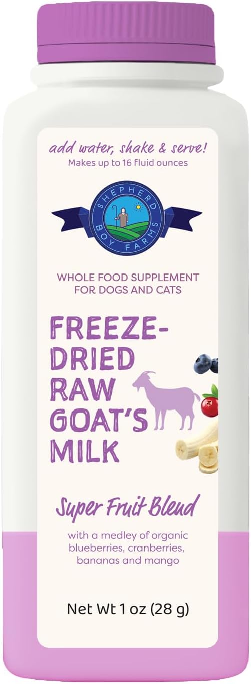 Shepherd Boy Farms Freeze Dried Raw Goats Milk with Probiotics for Dogs & Cats (Super Fruits), Organic USA Fruits, Digestible Goat Milk Powder, Raw Nutrition, High Protein Food Topper - Makes 16 FL Oz