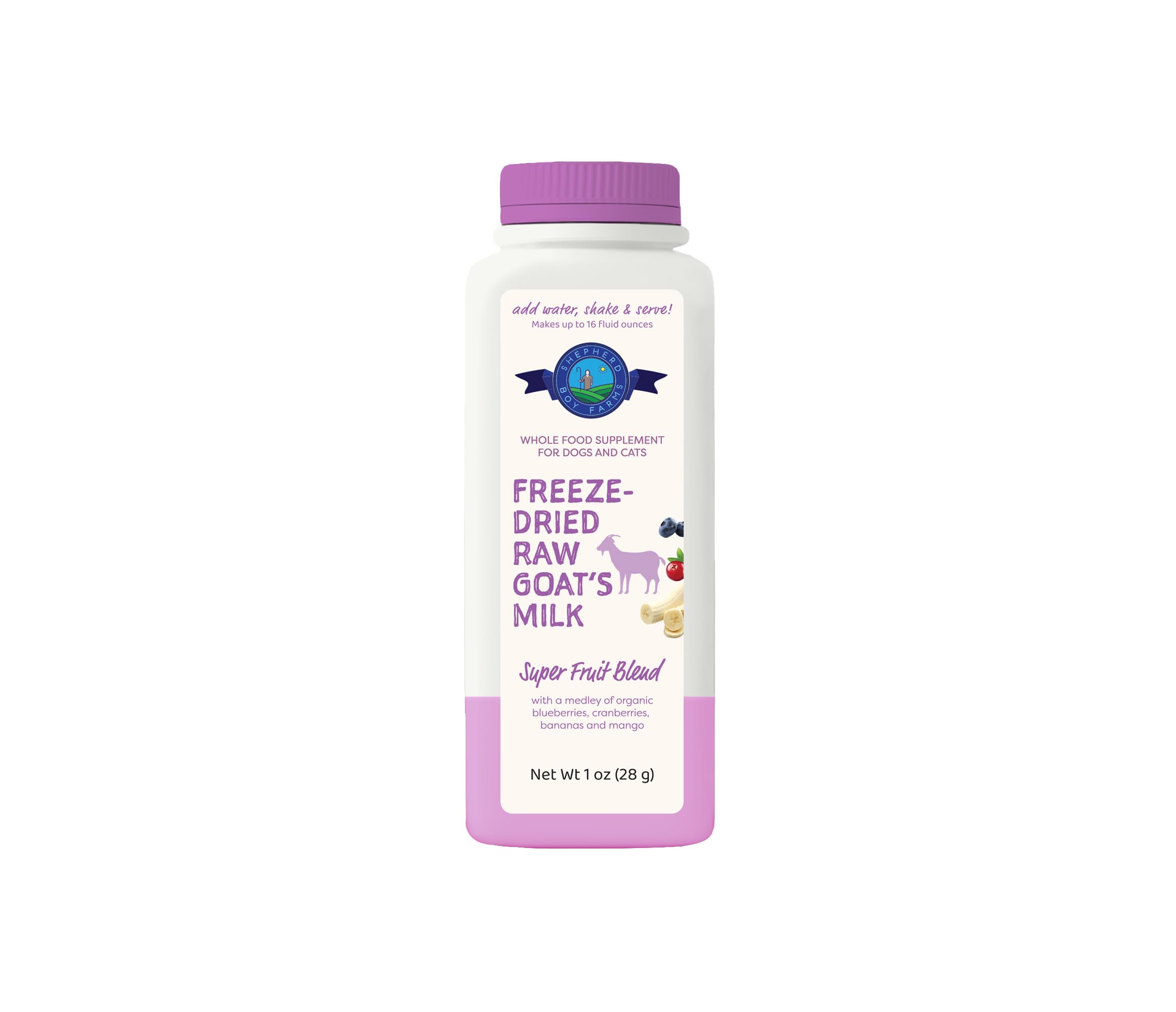 Shepherd Boy FarmsFreeze Dried Raw Goats Milk with Probiotics for Dogs & Cats (Super Fruits), Organic USA Fruits, Digestible Goat Milk Powder, Raw Nutrition, High Protein Food Topper - Makes 16 FL Oz