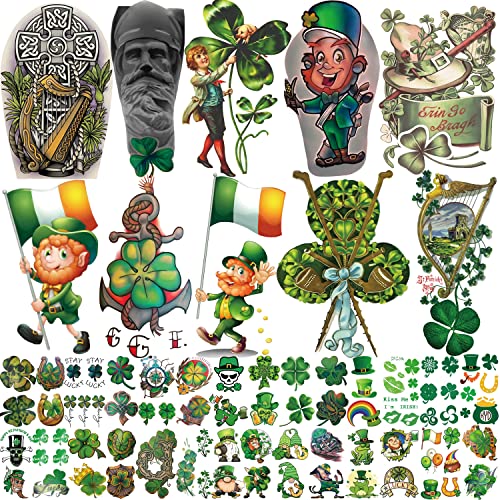 Yazhiji 70 Blatt St. Patricks Day Temporäre Tattoos für Kinder, Mädchen oder Jungen 10 Blatt größere Halbarm-Tattoos mit Kleeblatt-Muster Aufkleber für Männer oder Frauen und 60 Blatt Gesichts-Tattoos Cover