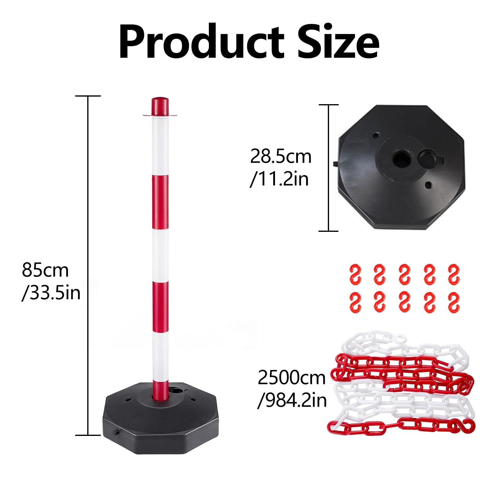 6 Pcs Parking Bollards, Post and Chain Link Barriers with 25m Chain 10 S-Hooks, Security Posts for Warning/Crowd Control at Parking Lot, Construction Lot(White)