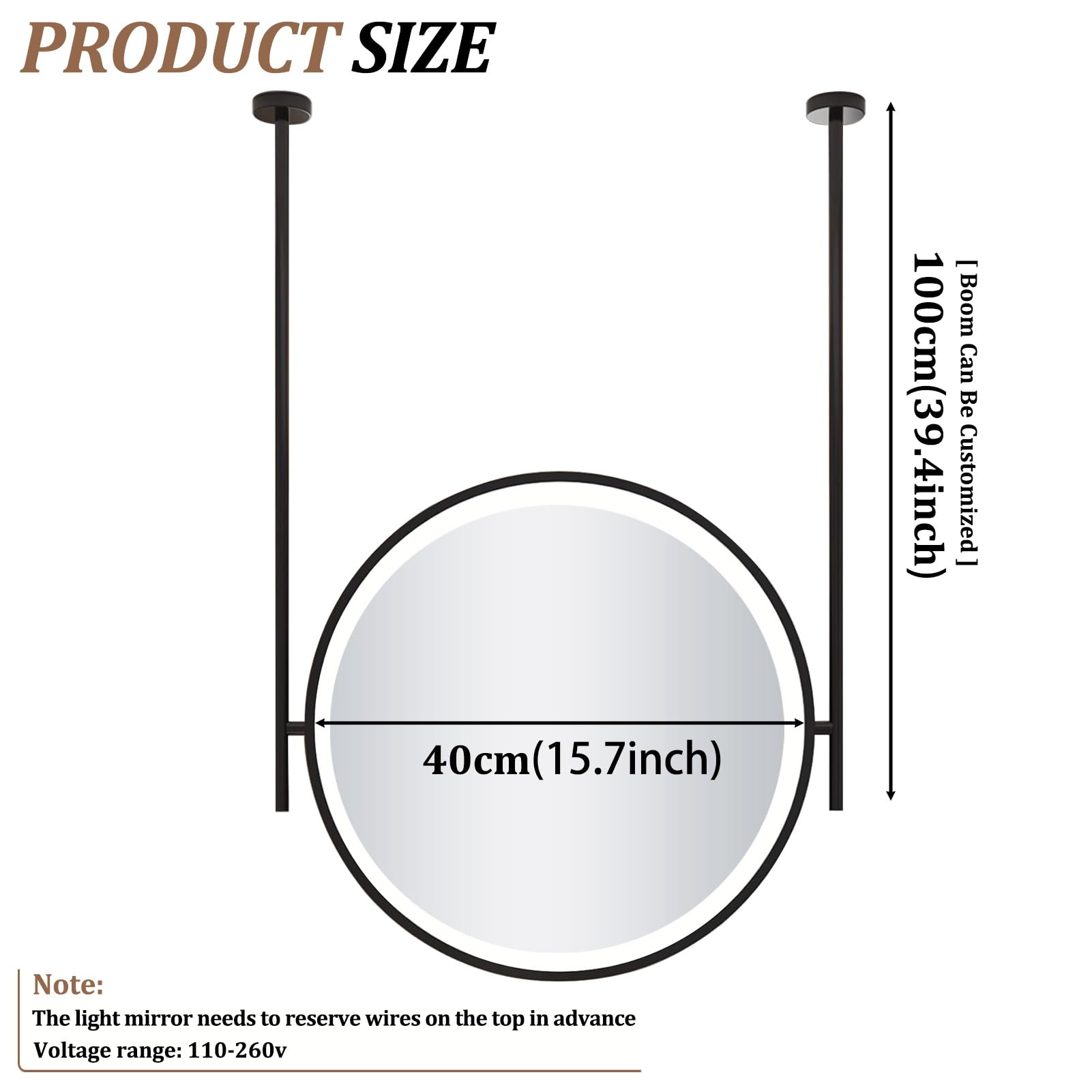 LED do zawieszenia na suficie, nowoczesne okrągłe dekoracyjne lustra do golenia z metalową ramą i wysięgnikiem sufitowym, czarne (średnica - 40 cm)