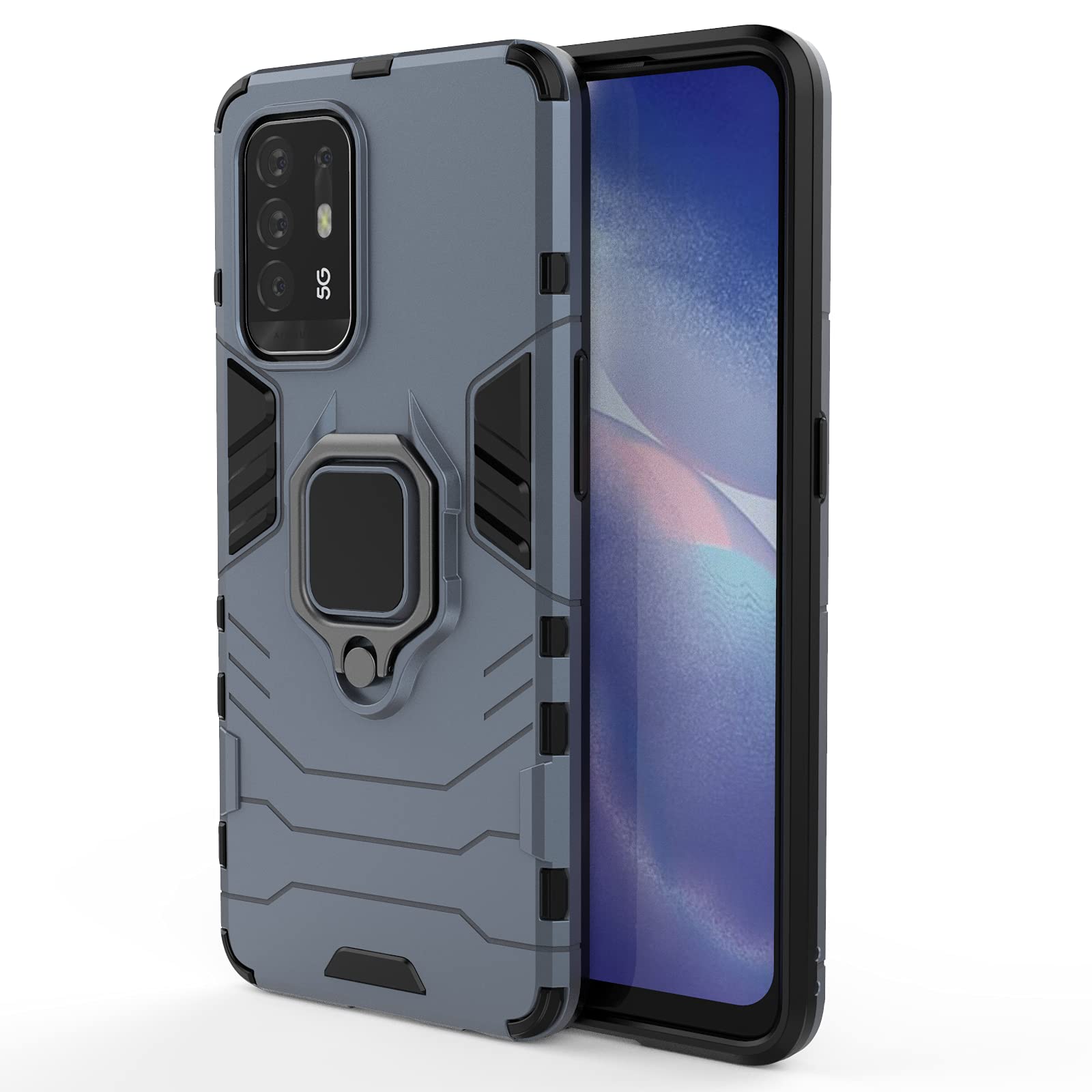 FTRONGRT Funda Para OPPO A94 5G,Soporte Plegable, A Prueba De Choques, Carcasa A Prueba De Golpes TPU+PC Case Para OPPO A94 5G -Azul Oscuro