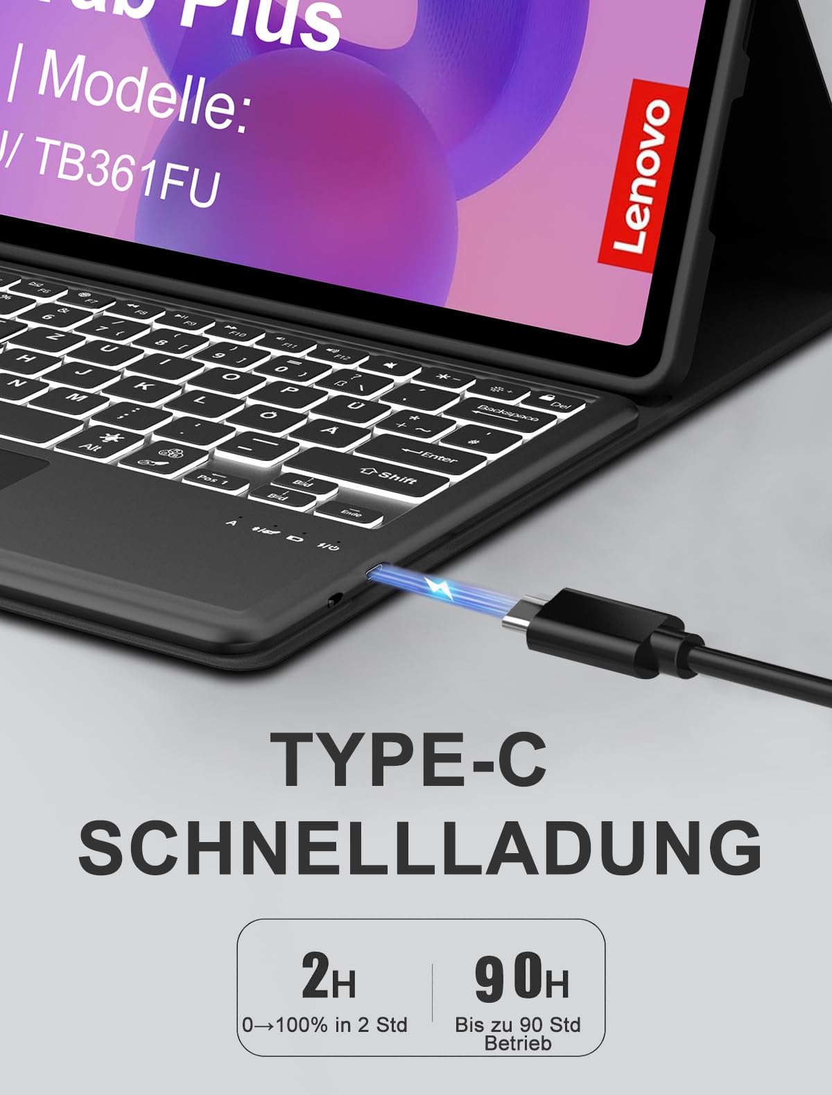 JADEMALL Für Idea Tab Plus 12,1 Hülle mit Touchpad & Beleuchtung QWERTZ | Für Lenovo Idea Tab Plus Tastatur - Mit 7-Farben Beleuchtung & Touchpad, Premium Schutzhülle mit Tastatur, Schwarz