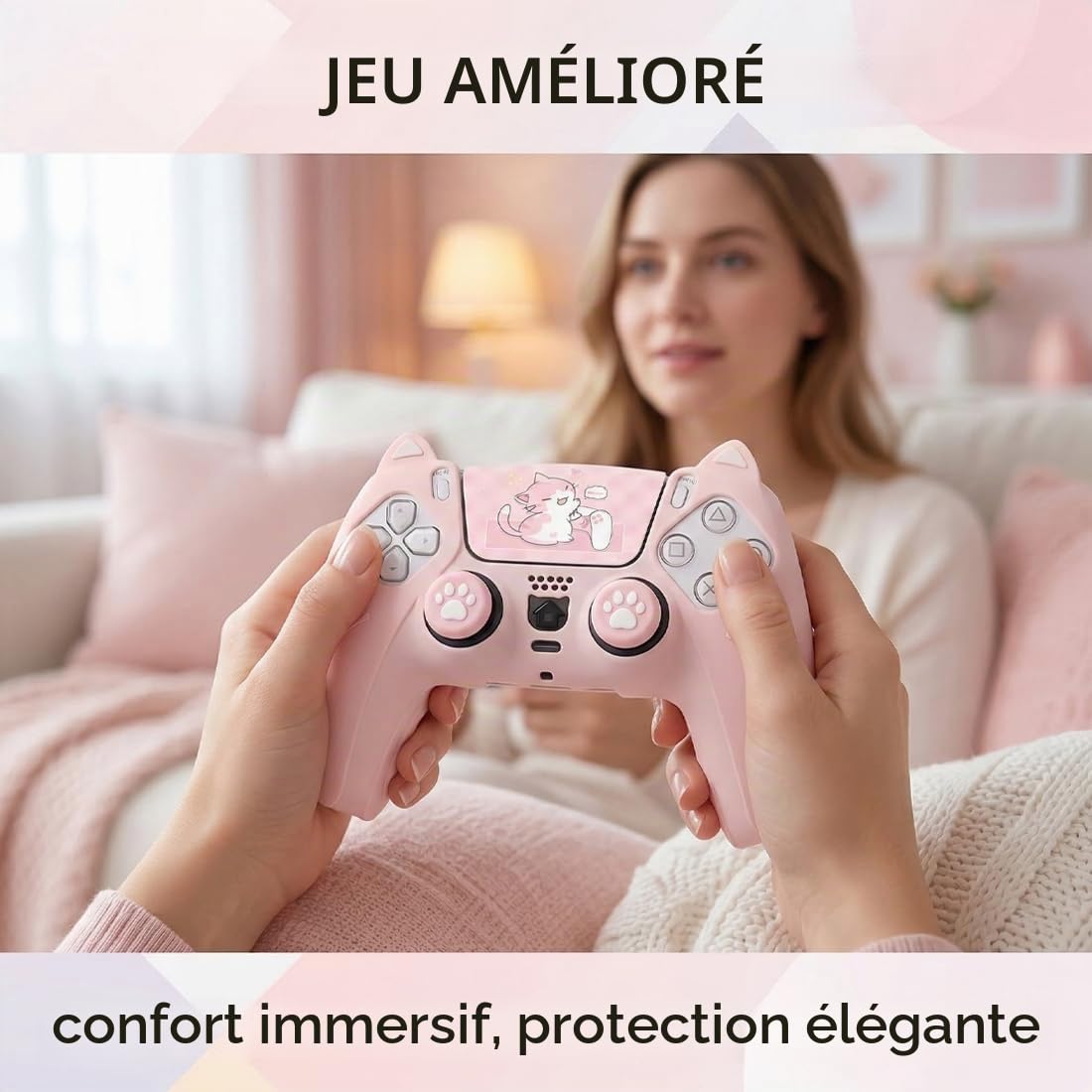 Protection pour ps5 Coque Manette, avec 2 Capuchon pour ps5 Joystick Grip, Compatible avec Station de Charge, Anti-Dérapante Accessoire, Houss de Protection Silicone Antidérapant, Rose