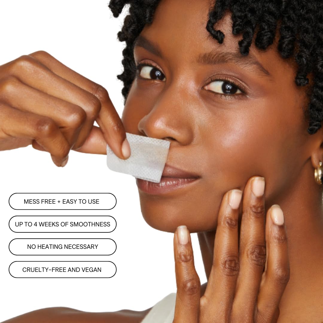 No Mo-Stache Great Face Bundle - Hypoallergenic Waxing Strips For Facial Hair and Eyebrows - 48 Waxing Strips For Lip and Brows Hair Removal + Post Wax Aloe Cream + Handheld Heartshaped Mirror