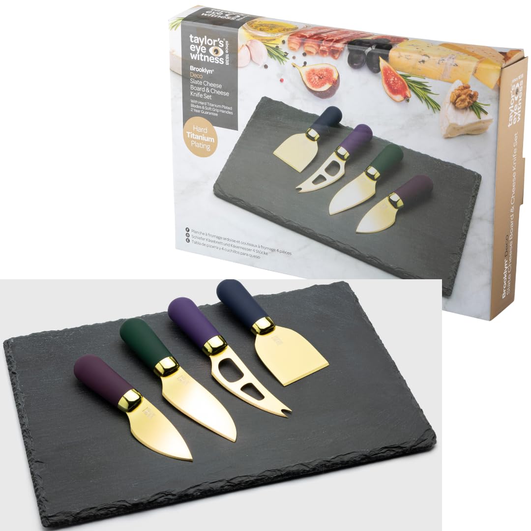 4 Piece Cheese Knife Set With Slate Board - 4pc Set, Gold Coloured Stainless Steel Blades with Comfort Soft Touch, Ergonomic Handles, Includes Slate Cutting & Serving Board, 2 Year Guarantee. — image 1