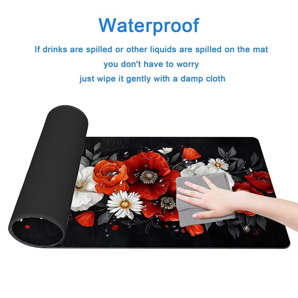 Podkładka pod mysz do gier, duża podkładka pod mysz XXL 1000 x 500 x 3 mm w kwiaty pod ręką ze zszytymi krawędziami, podkładka pod mysz do gier XXL, czarna, wodoodporna, antypoślizgowa, do komputera