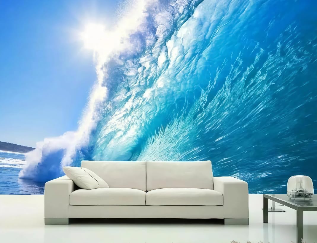 Papier peint mural 3D vagues bleues et soleil decoratif de salon 250x175 cm