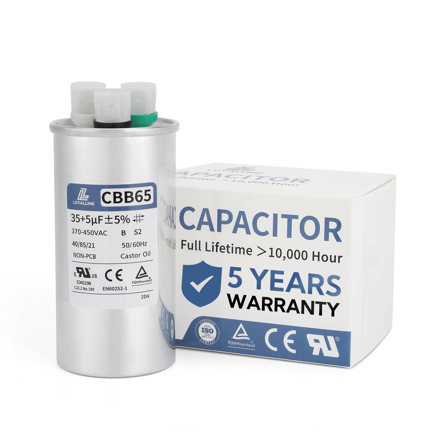 40 5 MFD 40+5uf CBB65 Capacitor for AC Motor Run, Fan Start, Condenser Straight Cool, Heat Pump, Air Conditioner, HVAC Capacitor, 370V 440V 450V AC 50/60Hz, 2 Pack- Guaranteed to Last 5 Years