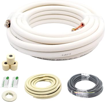 25ft Length Mini Split Line Set,1/4" 3/8" OD Copper Pipes Tubing and 3/8 White PE Thickened Insulated Coil with Flared Nuts for Mini Split Air Conditioner HVAC or Heat Pump System. 25Ft1/4+3/8